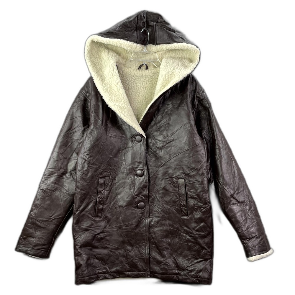 Vintage Genuine Leather Jacket Womens Large Patchwork Hooded Fleece Lined Grunge